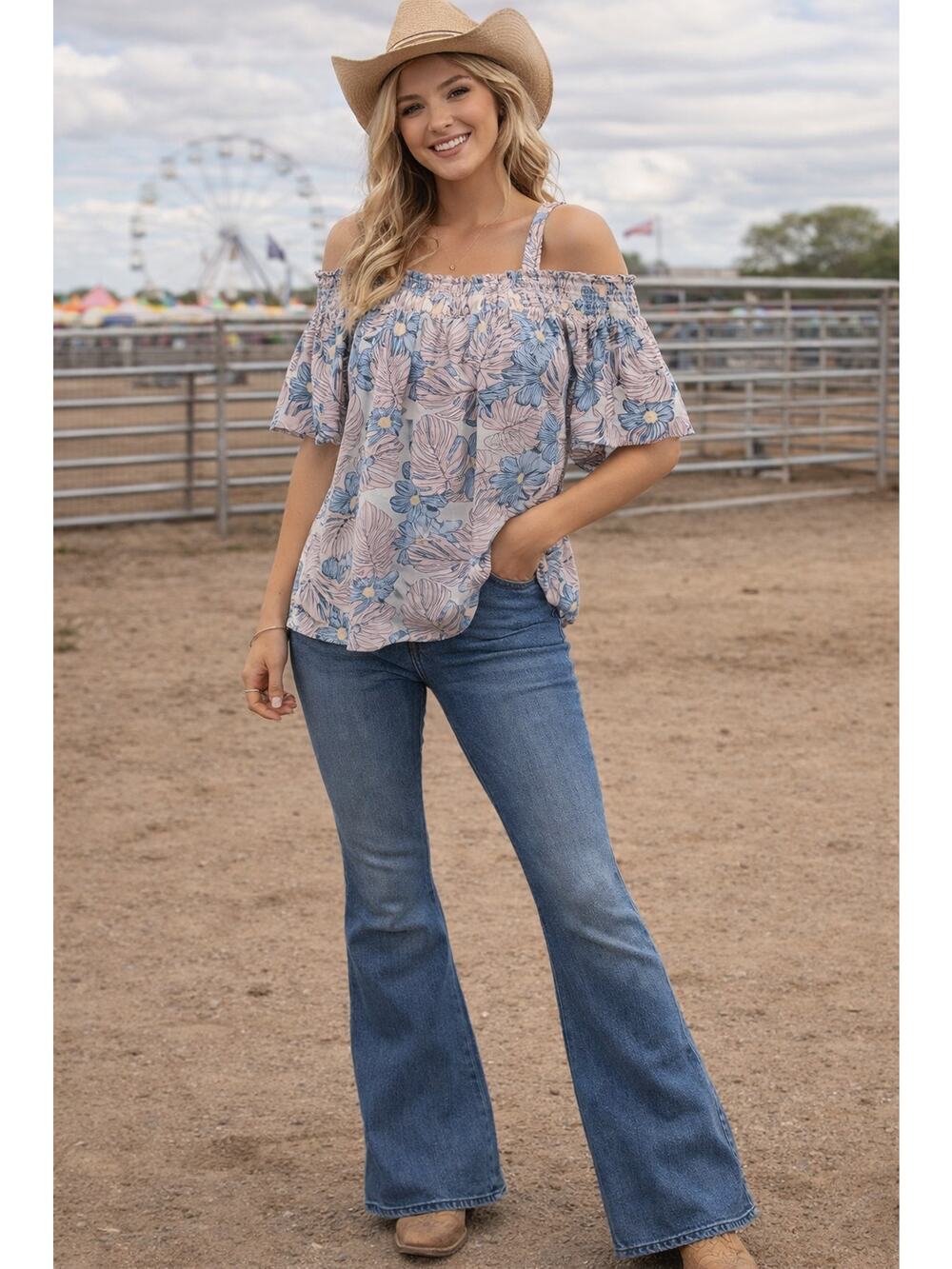 Melloday Boho Floral Cold Shoulder Top L Pastel Cottagecore